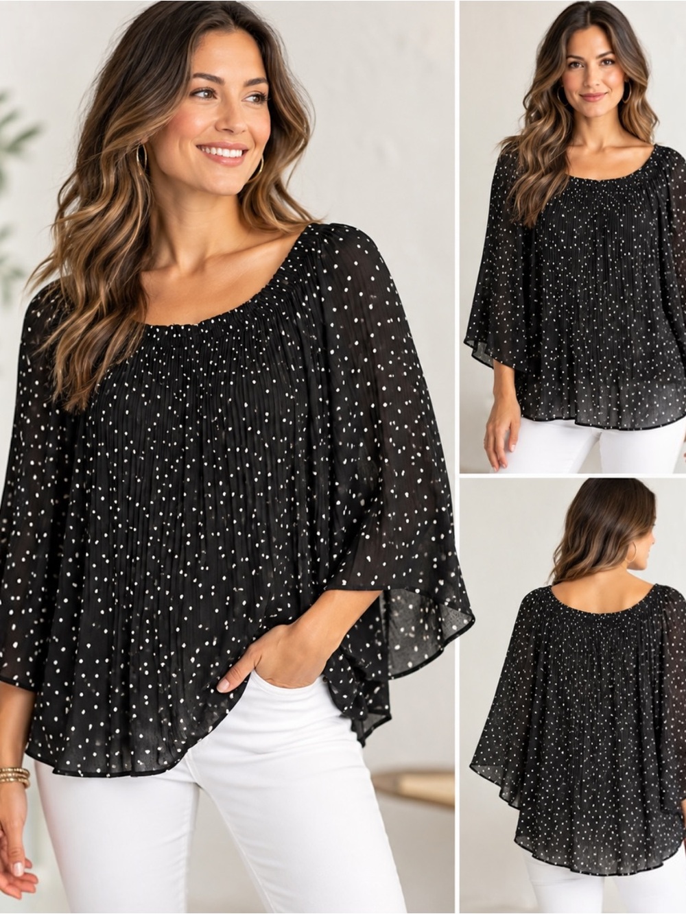 Max Studio XL Black White Polka Dot Pleated Peasant Blouse Bell Sleeve Boho